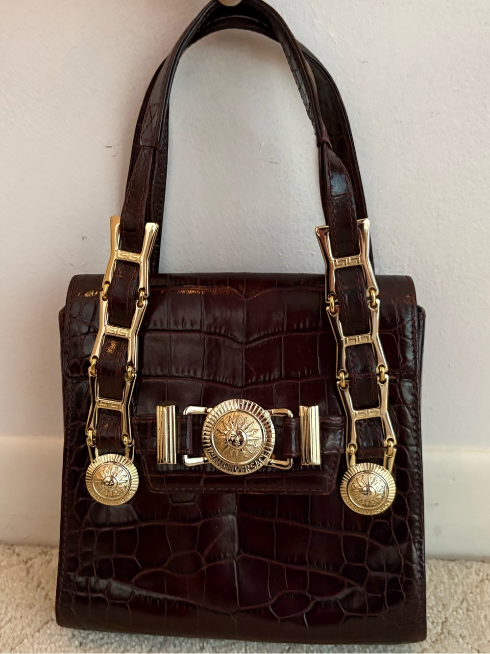 Gianni Versace Dark Brown Croc-Embossed Top Handle Bag with Gold Hardware